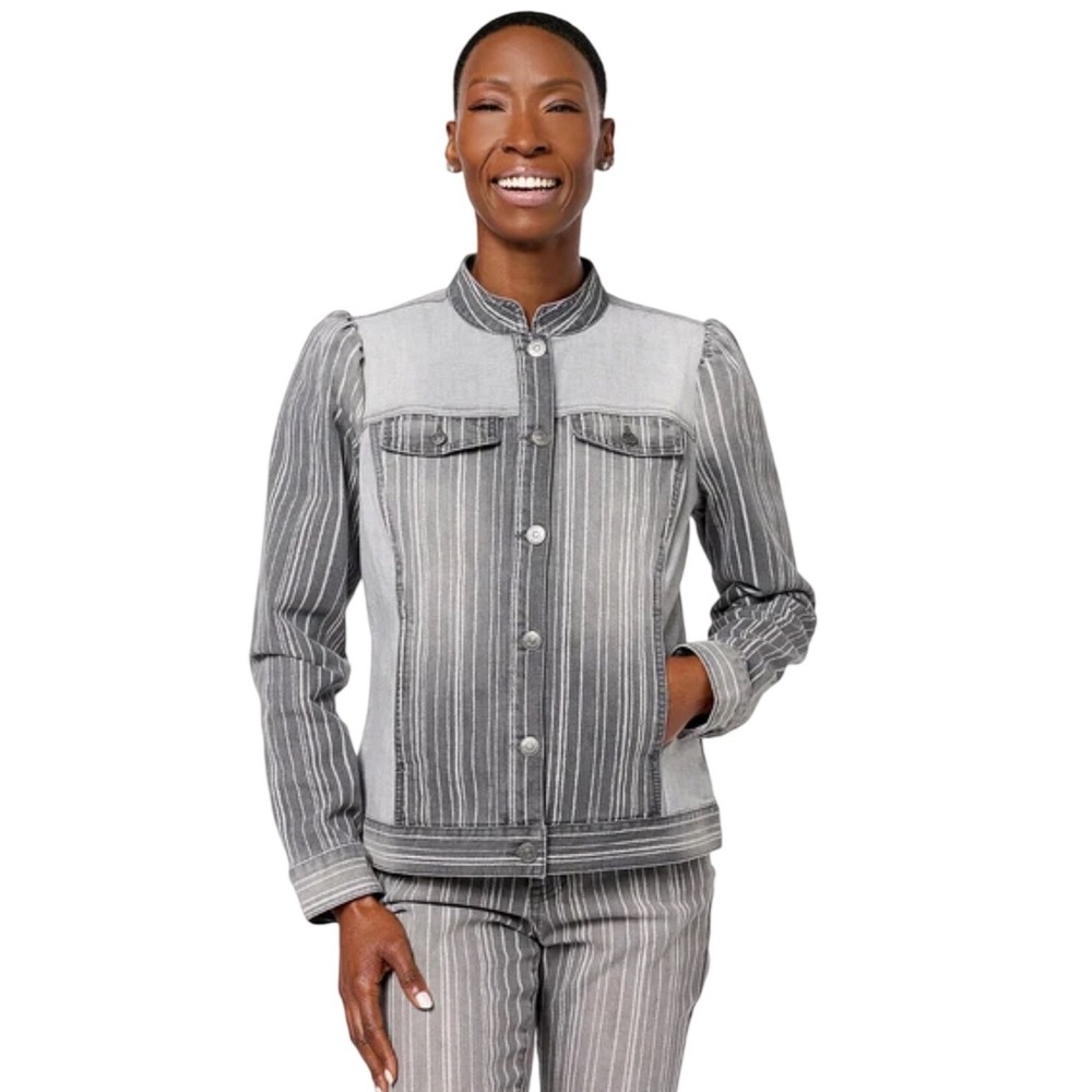 LOGO Lori Goldstein Jacket Womens 14 Grey Pinstripe Denim Mock Neck Puff Sleeve